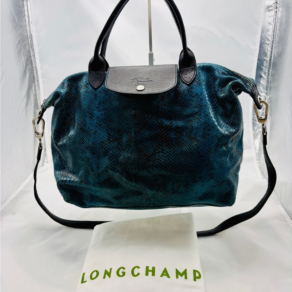 Longchamp Le Pliage Cuir Cedar Blue Python Embossed Leather Tote